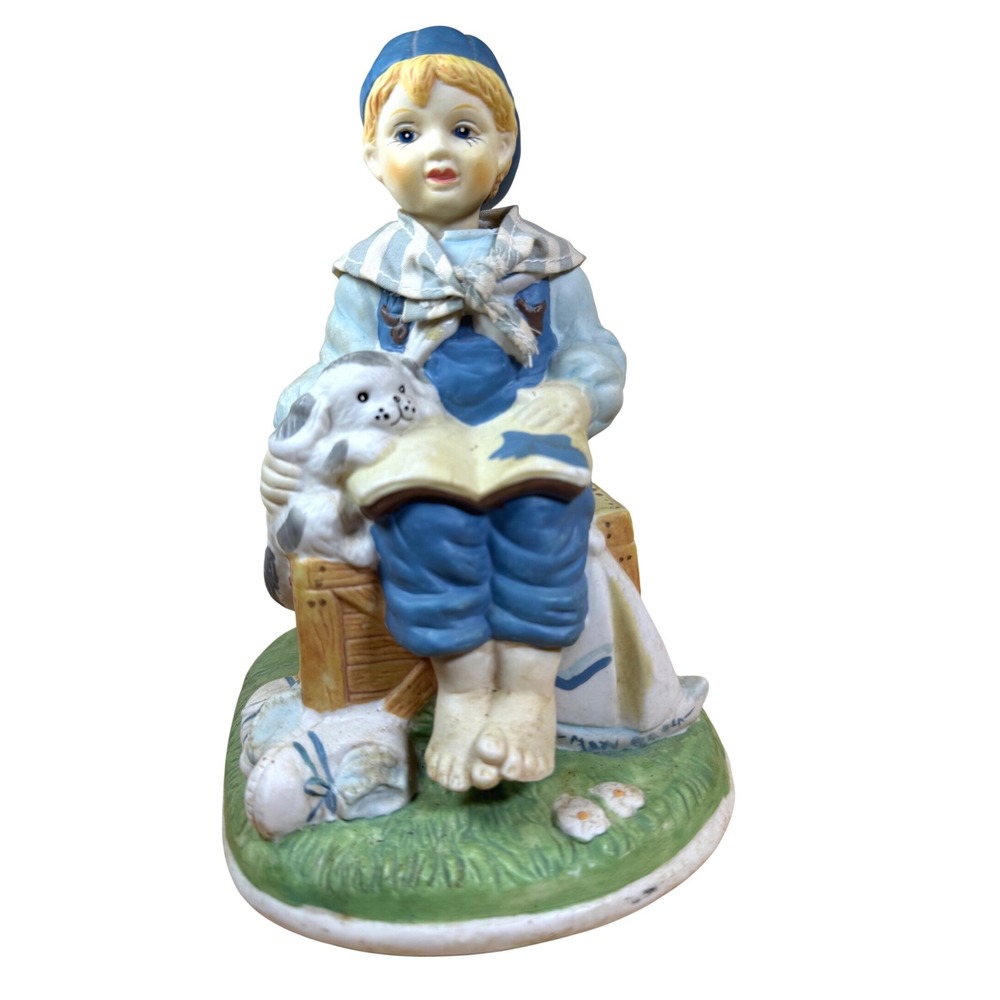 Vintage Musical Boy Figurine with Puppy Dog Ceramic Plays Just The Way You Are